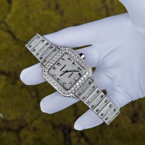 Customized full diamond Cartier Sandus watch, handcrafted with natural diamonds according to Swiss craftsmanship, featuring a full diamond Middle Eastern digital hour dial - Image 3
