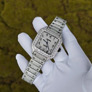 Customized full diamond Cartier Sandus watch, handcrafted with natural diamonds according to Swiss craftsmanship, featuring a full diamond Middle Eastern digital hour dial - Image 4