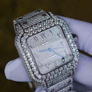 Customized full diamond Cartier Sandus watch, handcrafted with natural diamonds according to Swiss craftsmanship, featuring a full diamond Middle Eastern digital hour dial - Image 8