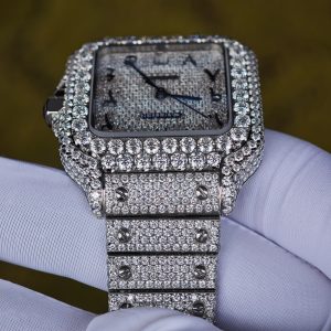 Customized full diamond Cartier Sandus watch, handcrafted with natural diamonds according to Swiss craftsmanship, featuring a full diamond Middle Eastern digital hour dial - Image 9