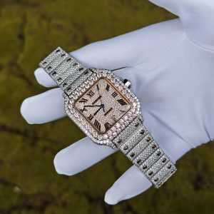 Customized rose gold color scheme all diamond Cartier Sandus watch, handmade with natural diamonds according to Swiss craftsmanship, equipped with a customized all diamond rose gold dial - Image 3