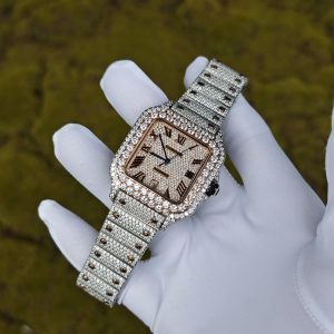 Customized rose gold color scheme all diamond Cartier Sandus watch, handmade with natural diamonds according to Swiss craftsmanship, equipped with a customized all diamond rose gold dial - Image 4