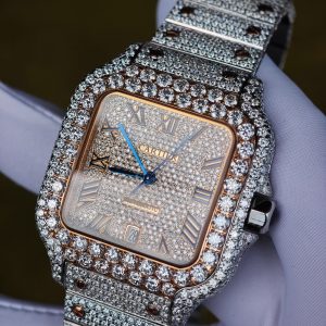 Customized rose gold color scheme all diamond Cartier Sandus watch, handmade with natural diamonds according to Swiss craftsmanship, equipped with a customized all diamond rose gold dial - Image 11
