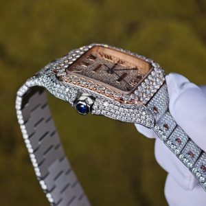 Customized rose gold color scheme all diamond Cartier Sandus watch, handmade with natural diamonds according to Swiss craftsmanship, equipped with a customized all diamond rose gold dial - Image 16