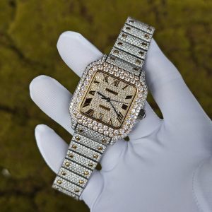 Customized gold color all diamond Cartier Sandus watch, handmade with natural diamonds according to Swiss craftsmanship, equipped with a customized all diamond gold dial and a 1:1 customized 1847 movement - Image 3