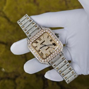 Customized gold color all diamond Cartier Sandus watch, handmade with natural diamonds according to Swiss craftsmanship, equipped with a customized all diamond gold dial and a 1:1 customized 1847 movement - Image 4
