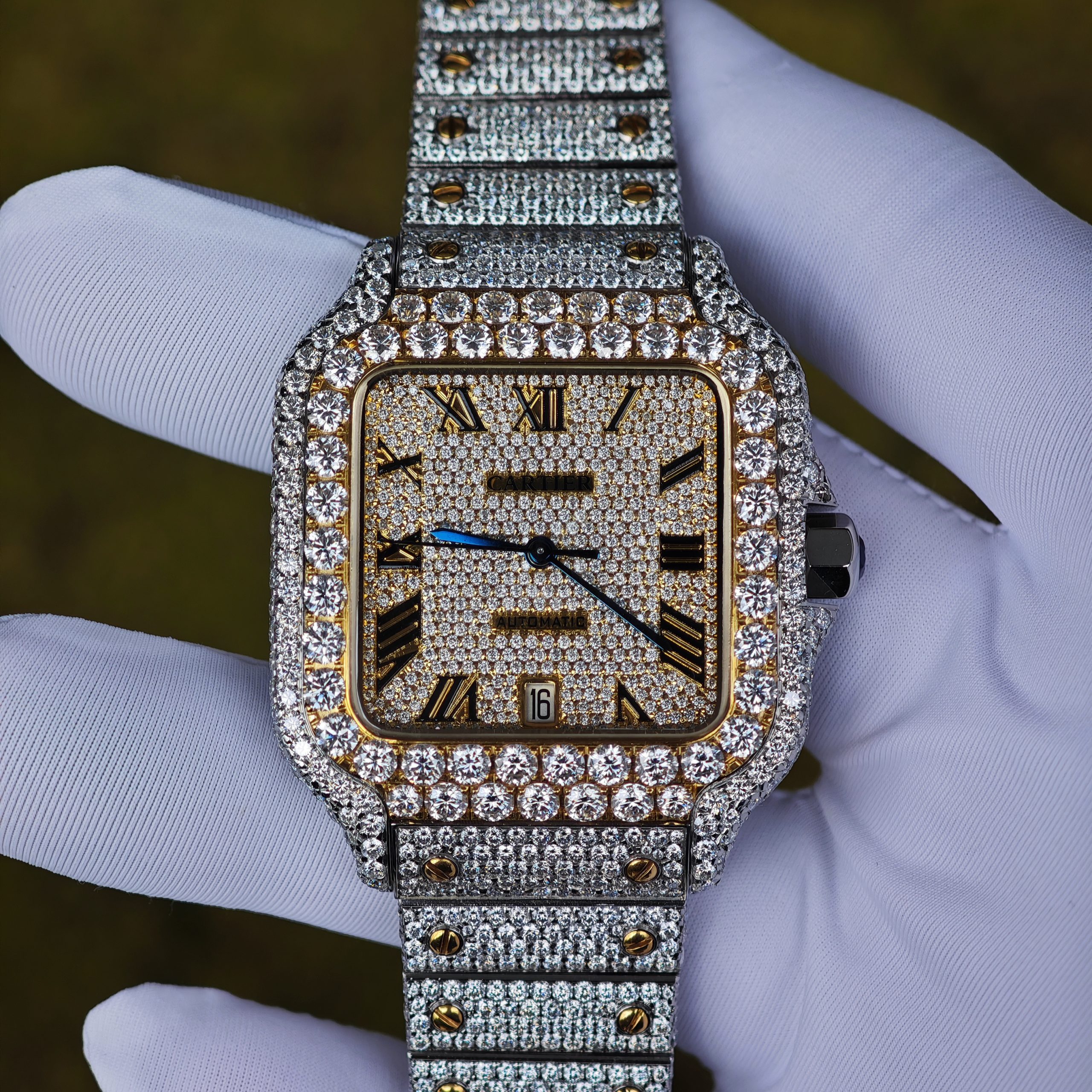 202511 212 Customized gold color all diamond Cartier Sandus watch, handmade with natural diamonds according to Swiss craftsmanship, equipped with a customized all diamond gold dial and a 1:1 customized 1847 movement - Image 1