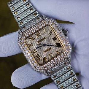 Customized gold color all diamond Cartier Sandus watch, handmade with natural diamonds according to Swiss craftsmanship, equipped with a customized all diamond gold dial and a 1:1 customized 1847 movement - Image 6
