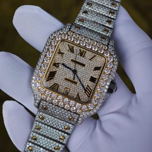 Customized gold color all diamond Cartier Sandus watch, handmade with natural diamonds according to Swiss craftsmanship, equipped with a customized all diamond gold dial and a 1:1 customized 1847 movement - Image 7