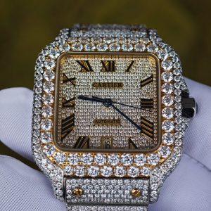 Customized gold color all diamond Cartier Sandus watch, handmade with natural diamonds according to Swiss craftsmanship, equipped with a customized all diamond gold dial and a 1:1 customized 1847 movement - Image 8