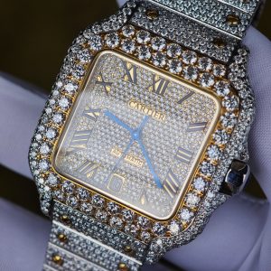 Customized gold color all diamond Cartier Sandus watch, handmade with natural diamonds according to Swiss craftsmanship, equipped with a customized all diamond gold dial and a 1:1 customized 1847 movement - Image 9
