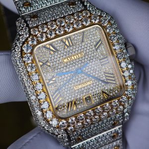 Customized gold color all diamond Cartier Sandus watch, handmade with natural diamonds according to Swiss craftsmanship, equipped with a customized all diamond gold dial and a 1:1 customized 1847 movement - Image 10