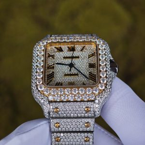 Customized gold color all diamond Cartier Sandus watch, handmade with natural diamonds according to Swiss craftsmanship, equipped with a customized all diamond gold dial and a 1:1 customized 1847 movement - Image 11