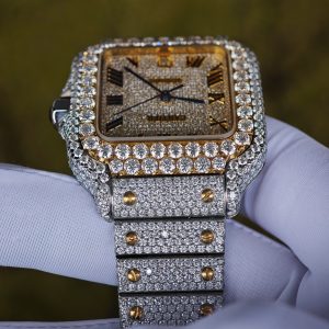 Customized gold color all diamond Cartier Sandus watch, handmade with natural diamonds according to Swiss craftsmanship, equipped with a customized all diamond gold dial and a 1:1 customized 1847 movement - Image 12