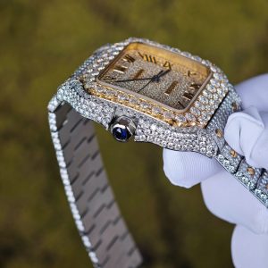 Customized gold color all diamond Cartier Sandus watch, handmade with natural diamonds according to Swiss craftsmanship, equipped with a customized all diamond gold dial and a 1:1 customized 1847 movement - Image 13