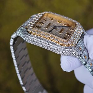 Customized gold color all diamond Cartier Sandus watch, handmade with natural diamonds according to Swiss craftsmanship, equipped with a customized all diamond gold dial and a 1:1 customized 1847 movement - Image 14