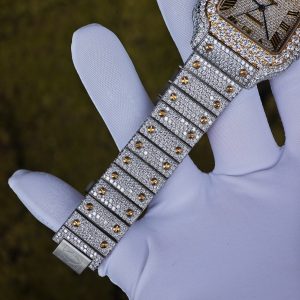 Customized gold color all diamond Cartier Sandus watch, handmade with natural diamonds according to Swiss craftsmanship, equipped with a customized all diamond gold dial and a 1:1 customized 1847 movement - Image 15