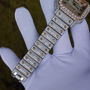 Customized gold color all diamond Cartier Sandus watch, handmade with natural diamonds according to Swiss craftsmanship, equipped with a customized all diamond gold dial and a 1:1 customized 1847 movement - Image 16