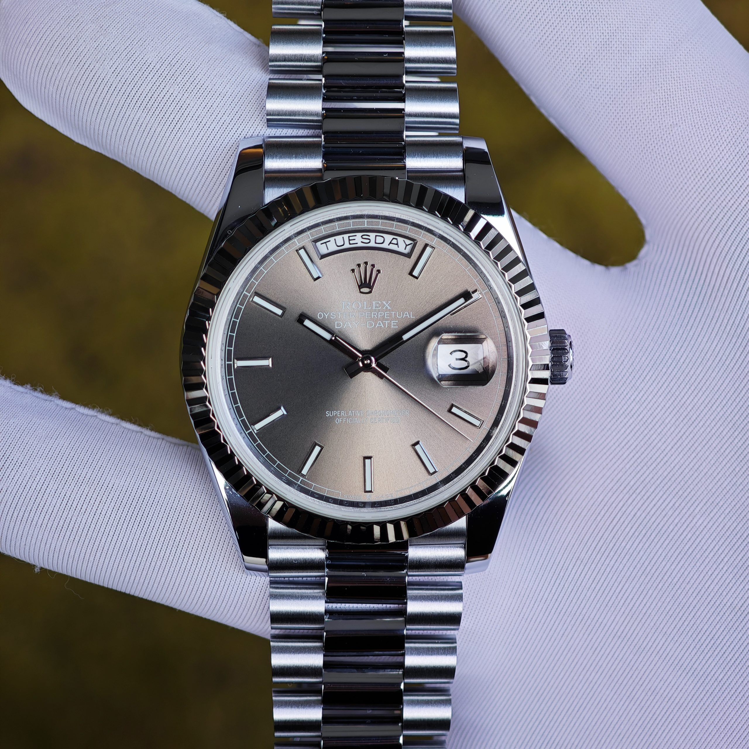 202511 383 Rolex Day Date 228239 grey dial, heavy case, strap, electroplated 18K white gold craftsmanship, customized best alternative dial, hands, and date. 3255 integrated movement, assembled according to Swiss craftsmanship standards - Image 1