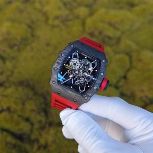 Richard Mille RM35-01 Red, original Parmigiani movement modified, custom imported carbon fiber case, paired with red imported natural rubber strap, 1:1 custom black plated titanium buckle - Image 4