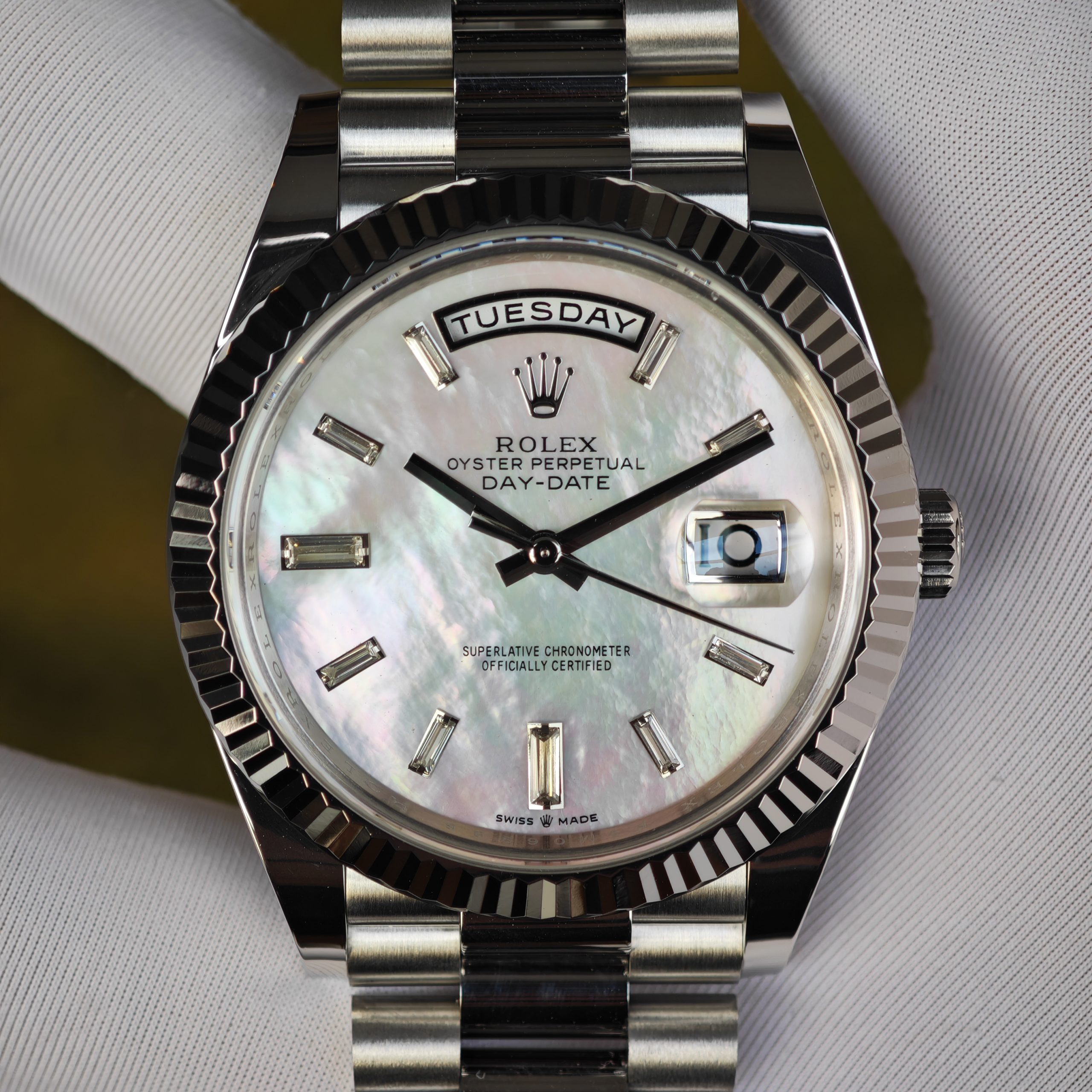 202512 628 Rolex Day Date model m128239, diameter 36mm, custom best inlaid diamond scale white mother of pearl dial, best alternative pointer, custom best week display, stainless steel electroplated platinum case and strap - Image 1