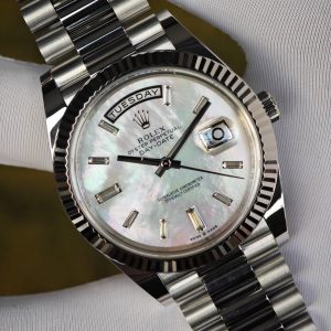 Rolex Day Date model m128239, diameter 36mm, custom best inlaid diamond scale white mother of pearl dial, best alternative pointer, custom best week display, stainless steel electroplated platinum case and strap - Image 9