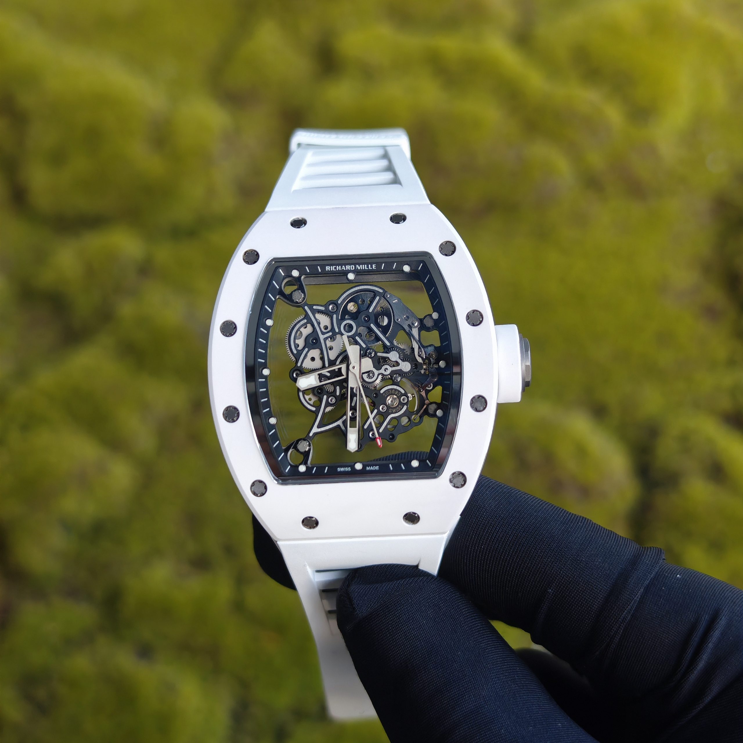 202512 796 【 Top Customization 】 Richard Mir RM055, original data 1:1 customized best white ceramic case, improved RMUL2 movement using Parmigiani movement, white natural rubber strap, high transparency curved sapphire crystal, titanium buckle - Image 1
