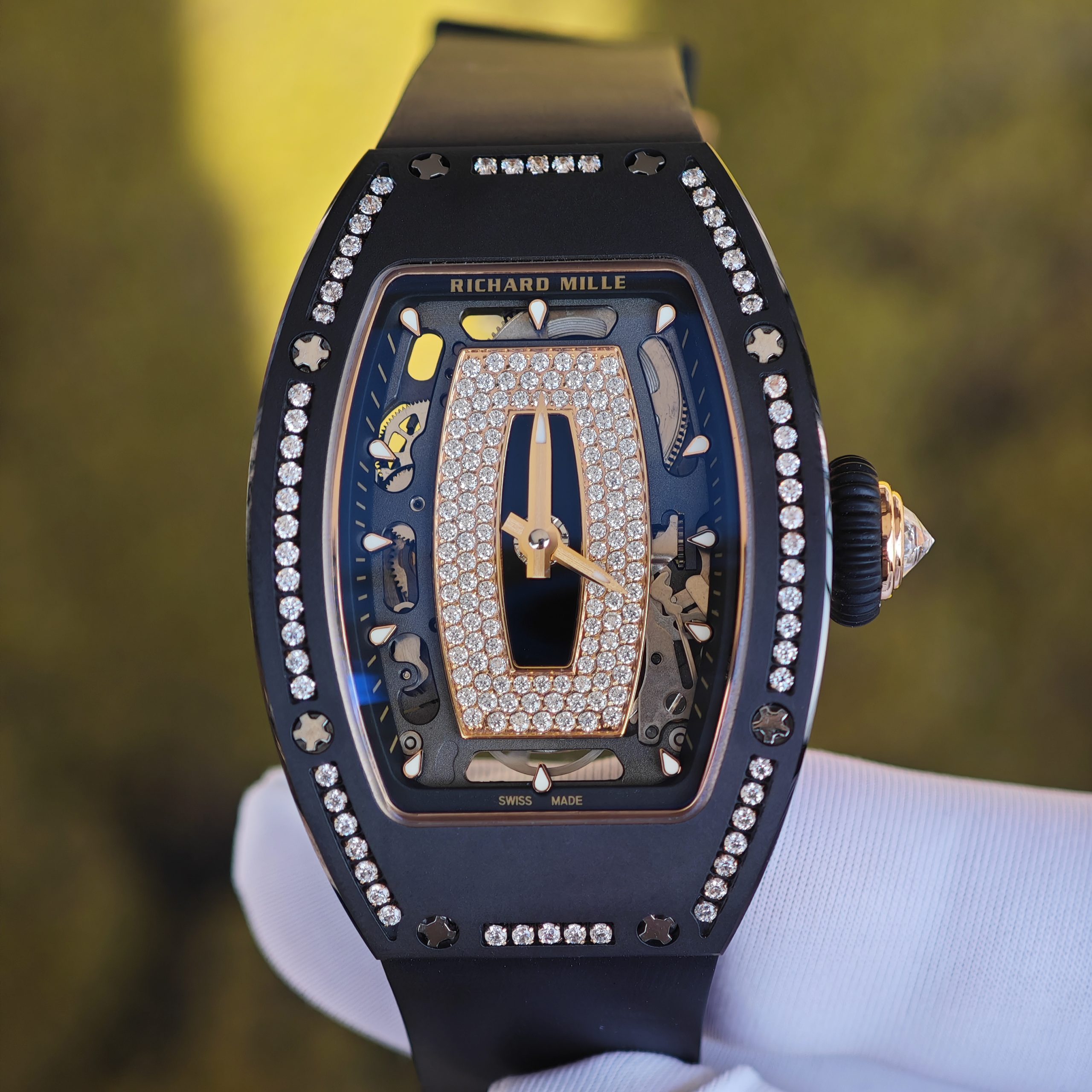 202601 815 Customized Richard Mille RM 07-01 ladies' series watch, featuring an imported black ceramic case, inlaid with natural diamonds, and a 1:1 customized integrated movement - Image 1