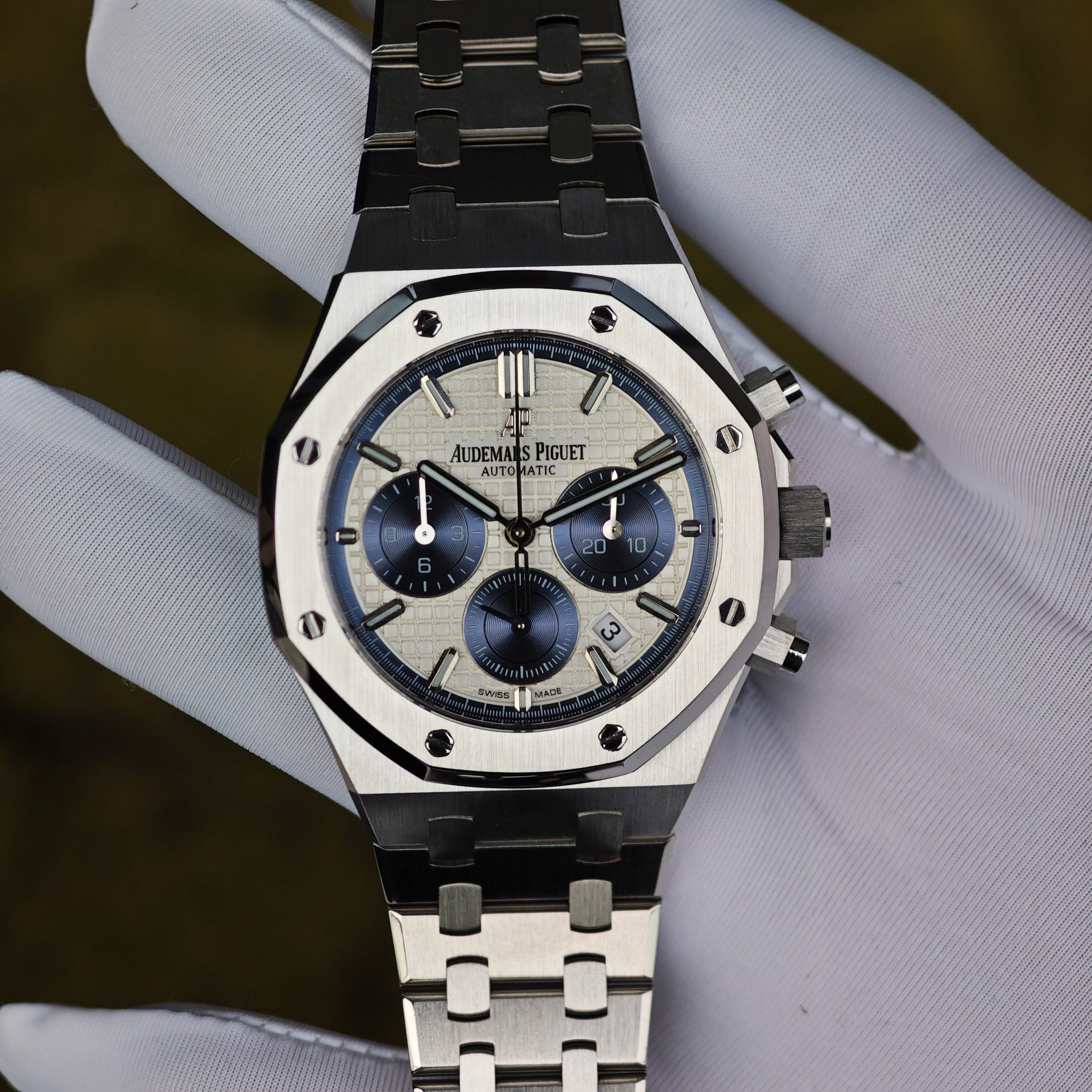 202603 914 Customized version AP26315ST, equipped with the optimal white dial, blue chronograph, customized replacement hands and calendar, utilizing a 1:1 customized CNC case and strap, and equipped with the original FP1185 movement - Image 1