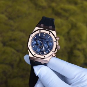 Customized AP Royal Oak Rose Gold 26240, with original data 1:1 customized case and clasp (plated with 18K rose gold), paired with natural black rubber strap, customized top-grade 4401 integrated movement (adjustable weight), customized optimal replacement blue dial, hands, and calendar - Image 12