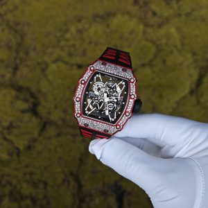 Richard Mille RM35-02 Snowflake Diamond Edition, featuring a modified base Parmigiani movement, custom imported red carbon fiber case, hand-set natural diamonds, custom black and red rubber strap, and a 1:1 custom titanium buckle. - Image 3