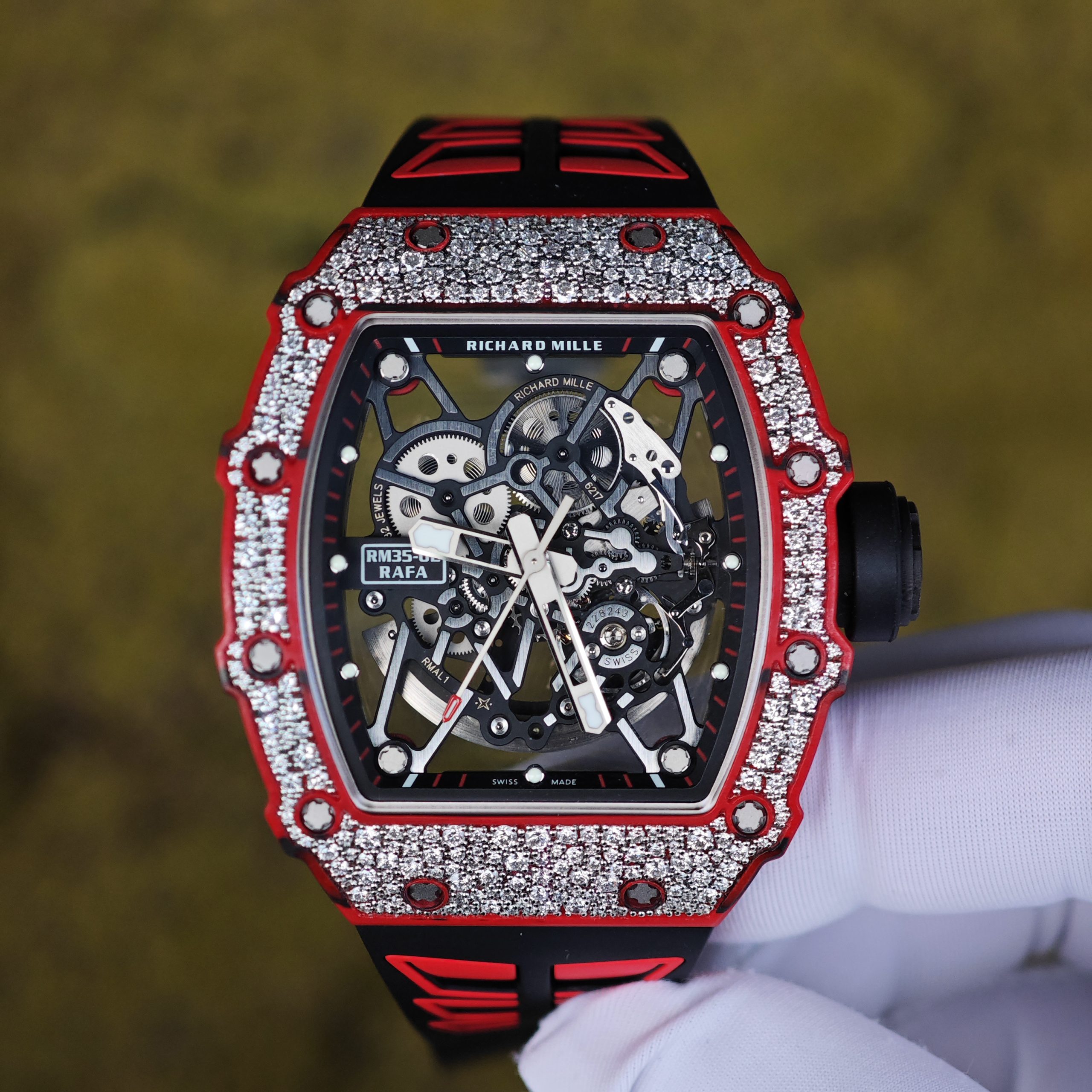 202603 969 Richard Mille RM35-02 Snowflake Diamond Edition, featuring a modified base Parmigiani movement, custom imported red carbon fiber case, hand-set natural diamonds, custom black and red rubber strap, and a 1:1 custom titanium buckle. - Image 1
