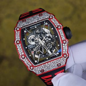 Richard Mille RM35-02 Snowflake Diamond Edition, featuring a modified base Parmigiani movement, custom imported red carbon fiber case, hand-set natural diamonds, custom black and red rubber strap, and a 1:1 custom titanium buckle. - Image 5