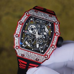 Richard Mille RM35-02 Snowflake Diamond Edition, featuring a modified base Parmigiani movement, custom imported red carbon fiber case, hand-set natural diamonds, custom black and red rubber strap, and a 1:1 custom titanium buckle. - Image 6