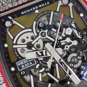 Richard Mille RM35-02 Snowflake Diamond Edition, featuring a modified base Parmigiani movement, custom imported red carbon fiber case, hand-set natural diamonds, custom black and red rubber strap, and a 1:1 custom titanium buckle. - Image 8