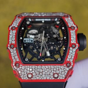 Richard Mille RM35-02 Snowflake Diamond Edition, featuring a modified base Parmigiani movement, custom imported red carbon fiber case, hand-set natural diamonds, custom black and red rubber strap, and a 1:1 custom titanium buckle. - Image 10