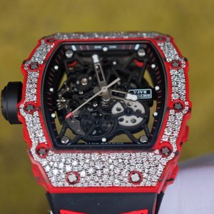 Richard Mille RM35-02 Snowflake Diamond Edition, featuring a modified base Parmigiani movement, custom imported red carbon fiber case, hand-set natural diamonds, custom black and red rubber strap, and a 1:1 custom titanium buckle. - Image 11
