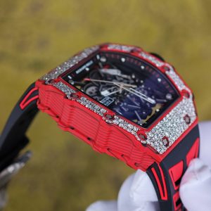 Richard Mille RM35-02 Snowflake Diamond Edition, featuring a modified base Parmigiani movement, custom imported red carbon fiber case, hand-set natural diamonds, custom black and red rubber strap, and a 1:1 custom titanium buckle. - Image 14