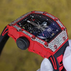 Richard Mille RM35-02 Snowflake Diamond Edition, featuring a modified base Parmigiani movement, custom imported red carbon fiber case, hand-set natural diamonds, custom black and red rubber strap, and a 1:1 custom titanium buckle. - Image 15