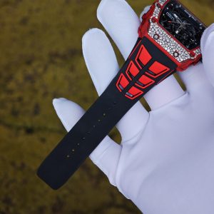 Richard Mille RM35-02 Snowflake Diamond Edition, featuring a modified base Parmigiani movement, custom imported red carbon fiber case, hand-set natural diamonds, custom black and red rubber strap, and a 1:1 custom titanium buckle. - Image 20