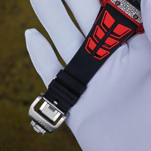 Richard Mille RM35-02 Snowflake Diamond Edition, featuring a modified base Parmigiani movement, custom imported red carbon fiber case, hand-set natural diamonds, custom black and red rubber strap, and a 1:1 custom titanium buckle. - Image 21