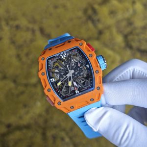 Richard Mille RM35-03 Salmon Yellow, customized Parmigiani movement, all functions are authentic and usable, with a deployable butterfly rotor, customized imported carbon fiber case, paired with a blue natural rubber strap. - Image 3