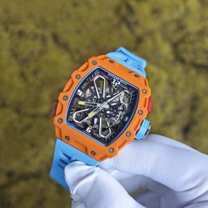 Richard Mille RM35-03 Salmon Yellow, customized Parmigiani movement, all functions are authentic and usable, with a deployable butterfly rotor, customized imported carbon fiber case, paired with a blue natural rubber strap. - Image 4