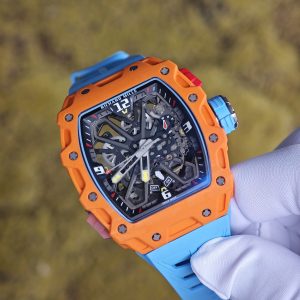 Richard Mille RM35-03 Salmon Yellow, customized Parmigiani movement, all functions are authentic and usable, with a deployable butterfly rotor, customized imported carbon fiber case, paired with a blue natural rubber strap. - Image 6