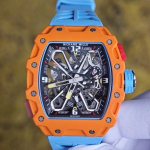 Richard Mille RM35-03 Salmon Yellow, customized Parmigiani movement, all functions are authentic and usable, with a deployable butterfly rotor, customized imported carbon fiber case, paired with a blue natural rubber strap. - Image 8