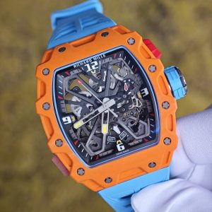 Richard Mille RM35-03 Salmon Yellow, customized Parmigiani movement, all functions are authentic and usable, with a deployable butterfly rotor, customized imported carbon fiber case, paired with a blue natural rubber strap. - Image 9