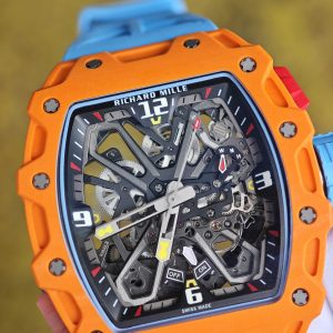 Richard Mille RM35-03 Salmon Yellow, customized Parmigiani movement, all functions are authentic and usable, with a deployable butterfly rotor, customized imported carbon fiber case, paired with a blue natural rubber strap. - Image 11