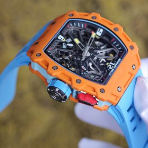 Richard Mille RM35-03 Salmon Yellow, customized Parmigiani movement, all functions are authentic and usable, with a deployable butterfly rotor, customized imported carbon fiber case, paired with a blue natural rubber strap. - Image 16