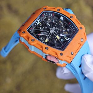 Richard Mille RM35-03 Salmon Yellow, customized Parmigiani movement, all functions are authentic and usable, with a deployable butterfly rotor, customized imported carbon fiber case, paired with a blue natural rubber strap. - Image 17