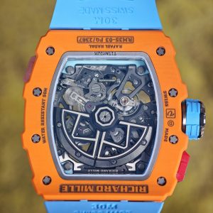 Richard Mille RM35-03 Salmon Yellow, customized Parmigiani movement, all functions are authentic and usable, with a deployable butterfly rotor, customized imported carbon fiber case, paired with a blue natural rubber strap. - Image 18